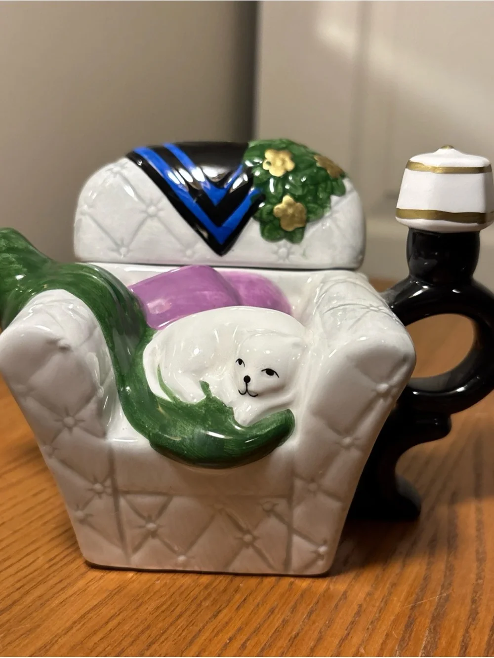 Ceramic Figurine Couch with Sleeping White Cat - White, Green, Purple teapot